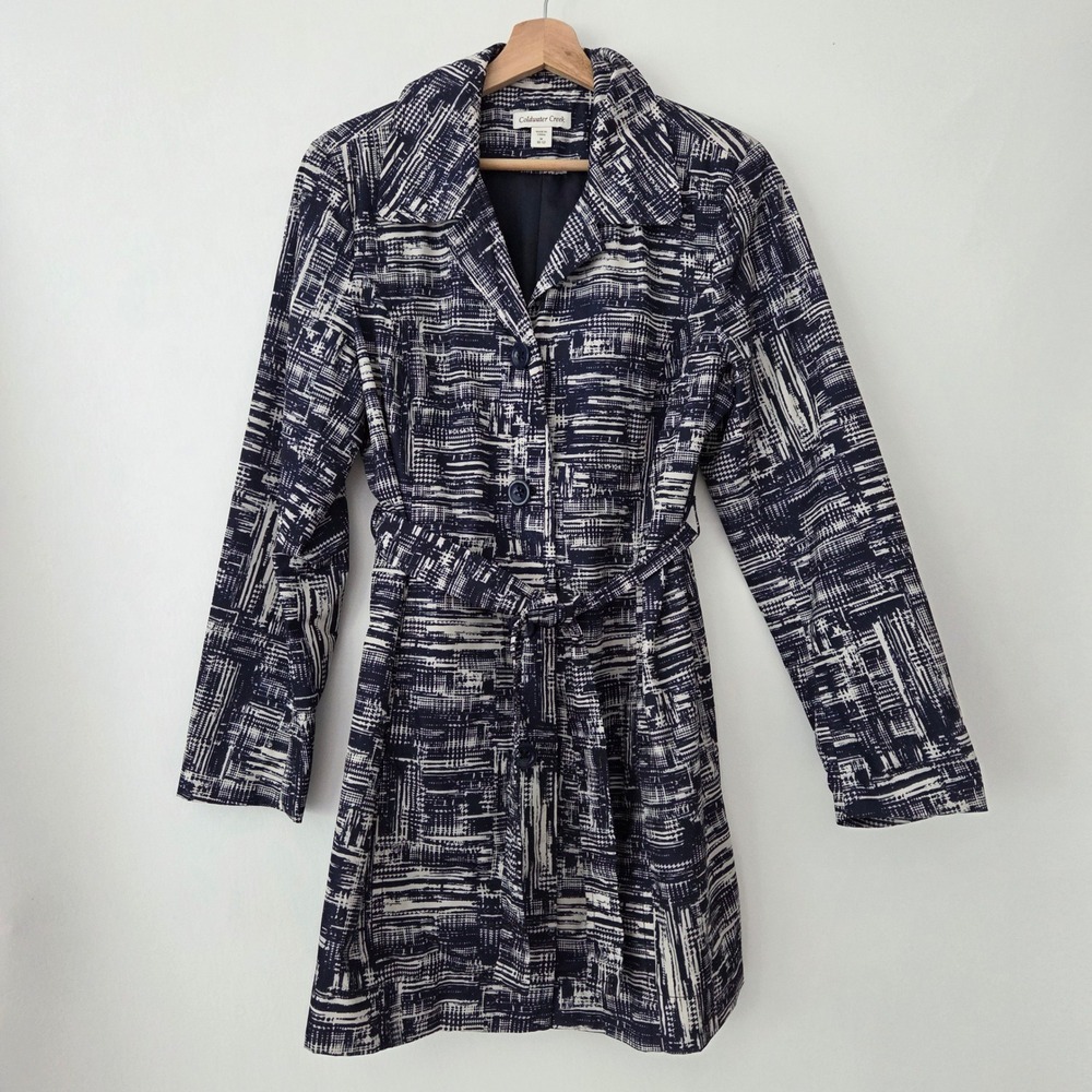 Coldwater Creek Trench Coat Navy Abstract Geometric Belted‎ Womens Size M 10-12